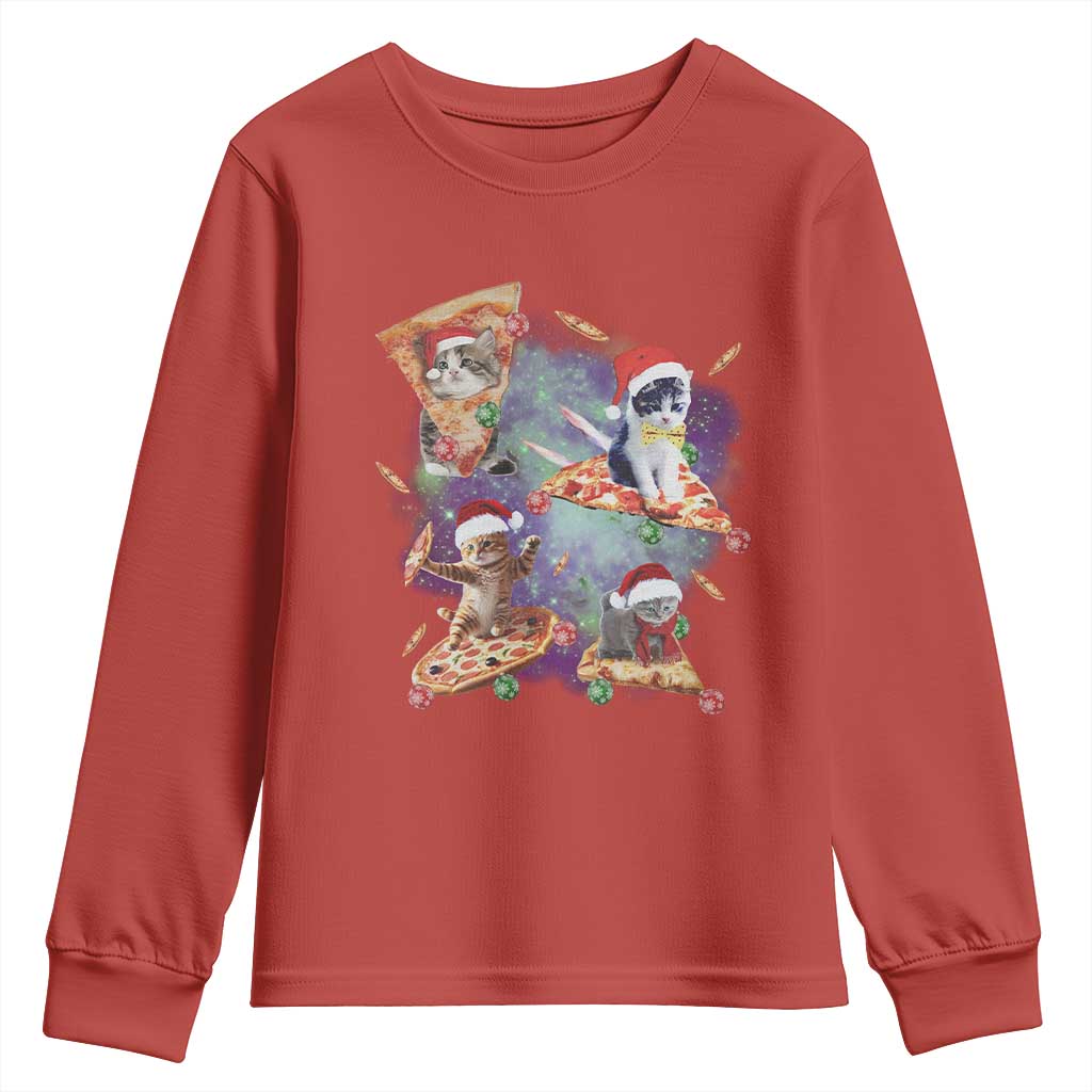 Funny Christmas Cat Youth Sweatshirt Santa Cat Riding Pizza Galaxy Outer Space TS09 Red Print Your Wear
