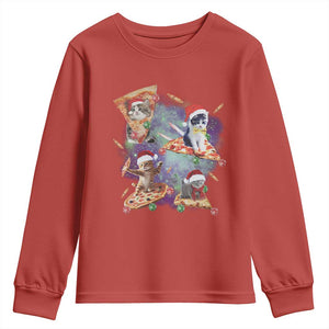 Funny Christmas Cat Youth Sweatshirt Santa Cat Riding Pizza Galaxy Outer Space TS09 Red Print Your Wear