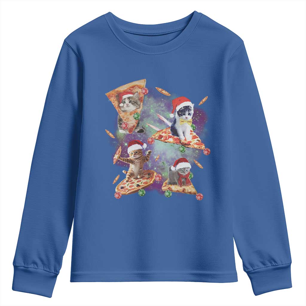 Funny Christmas Cat Youth Sweatshirt Santa Cat Riding Pizza Galaxy Outer Space TS09 Royal Blue Print Your Wear
