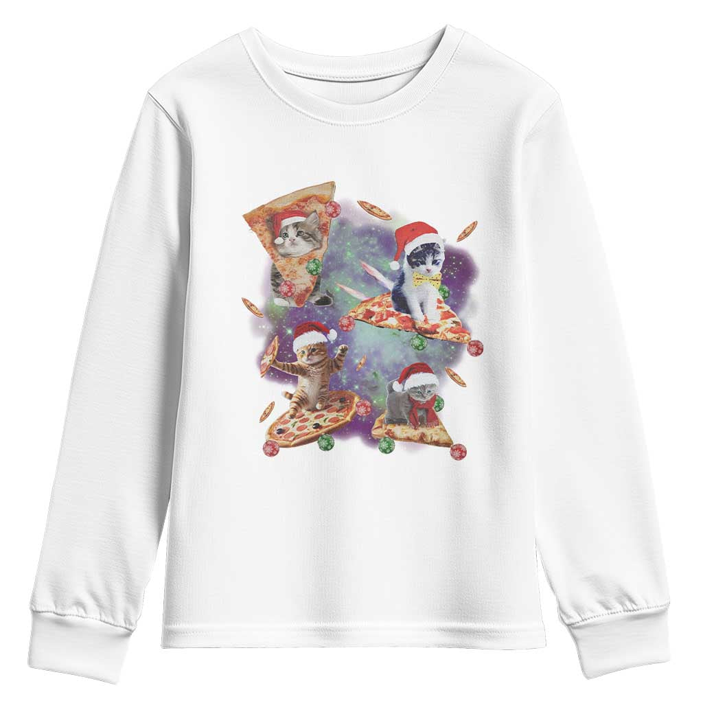 Funny Christmas Cat Youth Sweatshirt Santa Cat Riding Pizza Galaxy Outer Space TS09 White Print Your Wear