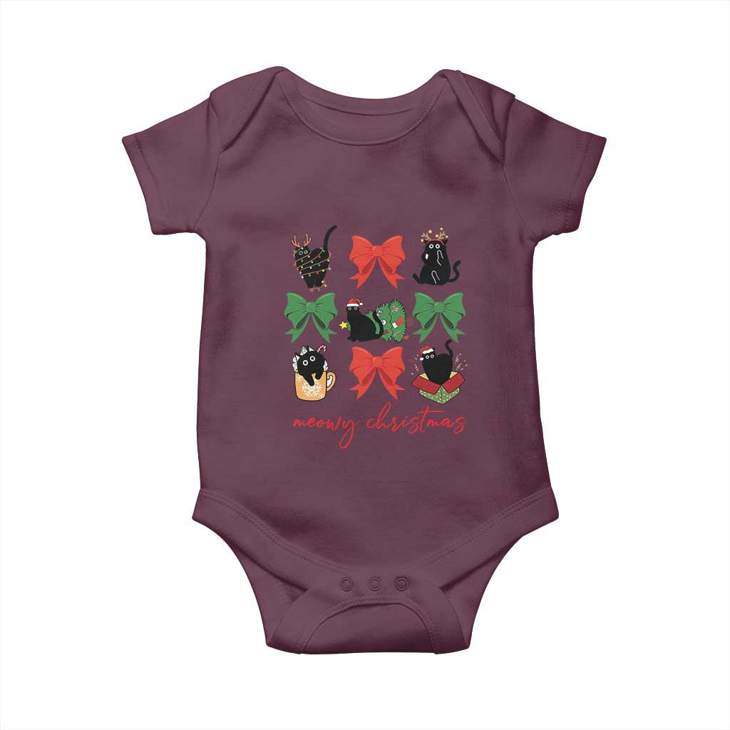 Funny Christmas Black Cat Baby Onesie Meowy Christmas Cute Cats Coquette Bow TS09 Maroon Print Your Wear