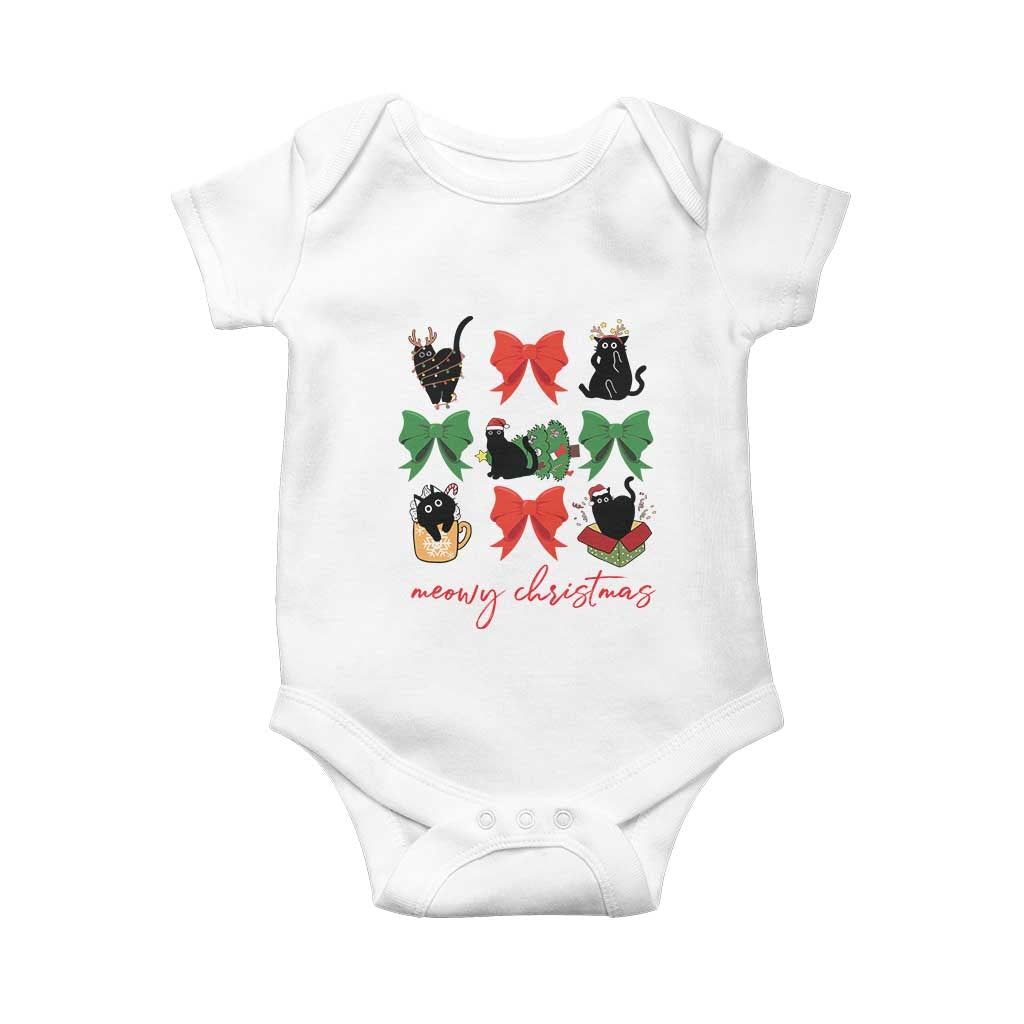 Funny Christmas Black Cat Baby Onesie Meowy Christmas Cute Cats Coquette Bow TS09 White Print Your Wear