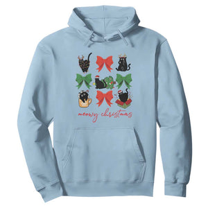Funny Christmas Black Cat Hoodie Meowy Christmas Cute Cats Coquette Bow TS09 Light Blue Print Your Wear