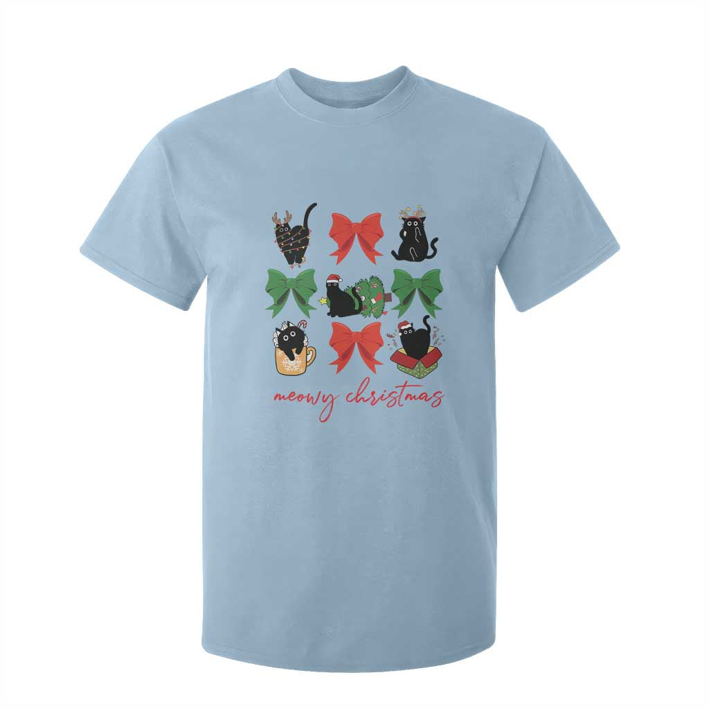 Funny Christmas Black Cat T Shirt For Kid Meowy Christmas Cute Cats Coquette Bow TS09 Light Blue Print Your Wear