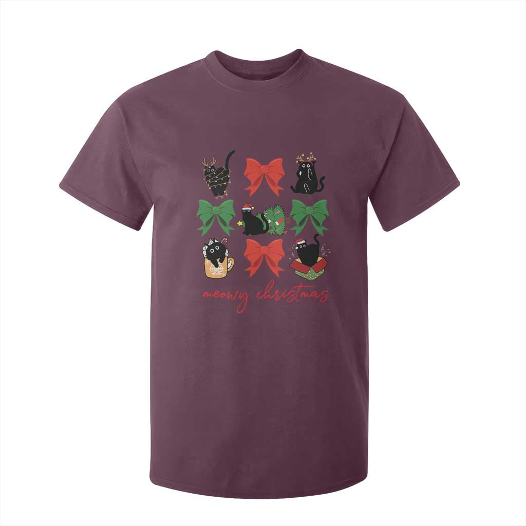 Funny Christmas Black Cat T Shirt For Kid Meowy Christmas Cute Cats Coquette Bow TS09 Maroon Print Your Wear