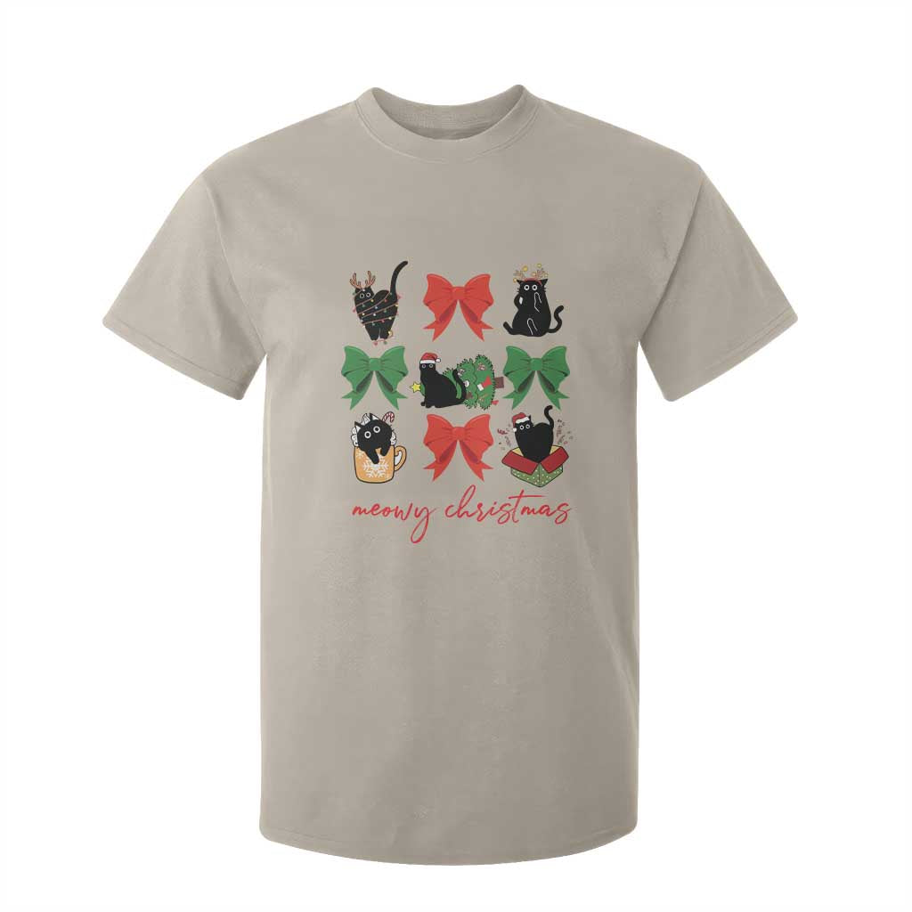 Funny Christmas Black Cat T Shirt For Kid Meowy Christmas Cute Cats Coquette Bow TS09 Sand Print Your Wear