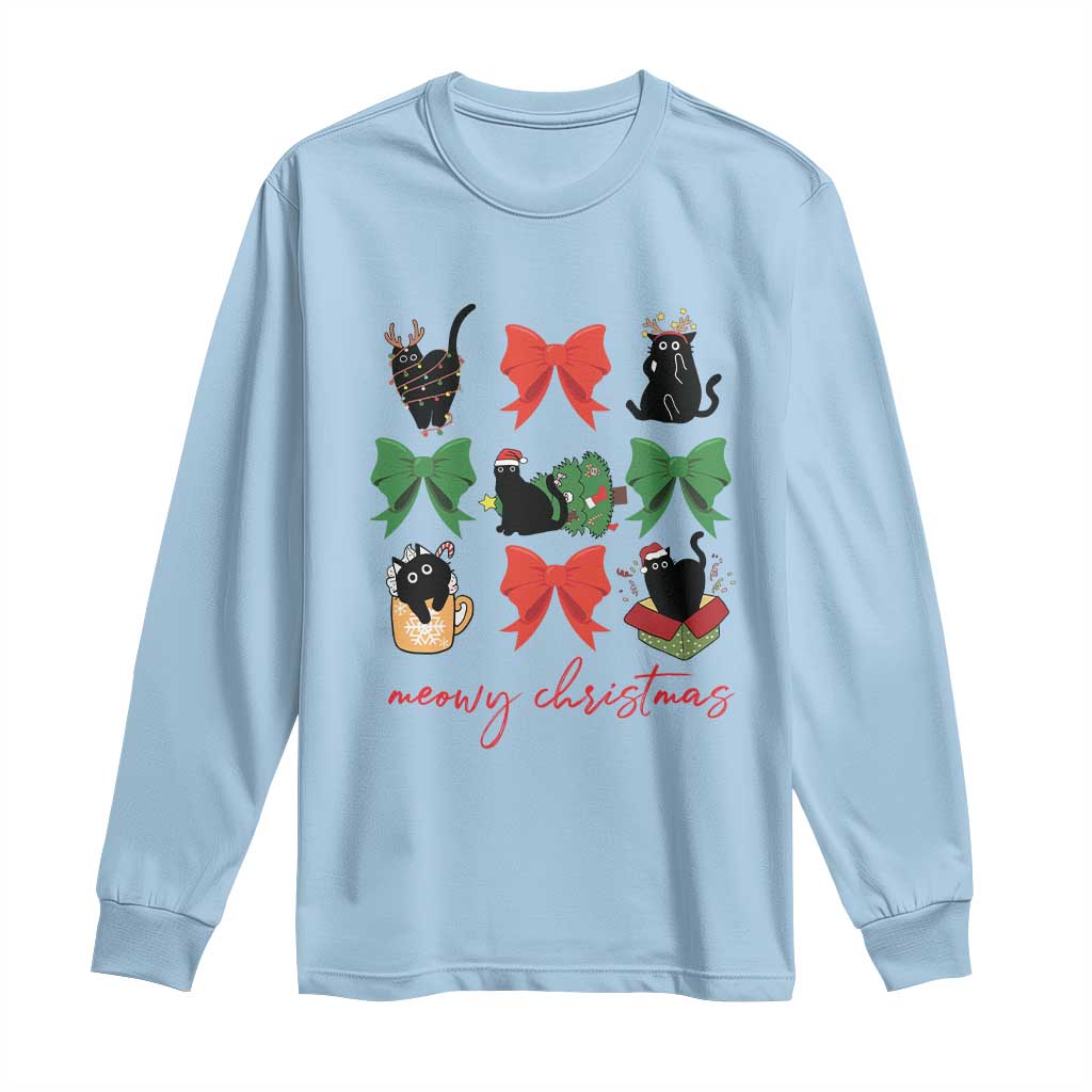 Funny Christmas Black Cat Long Sleeve Shirt Meowy Christmas Cute Cats Coquette Bow TS09 Light Blue Print Your Wear