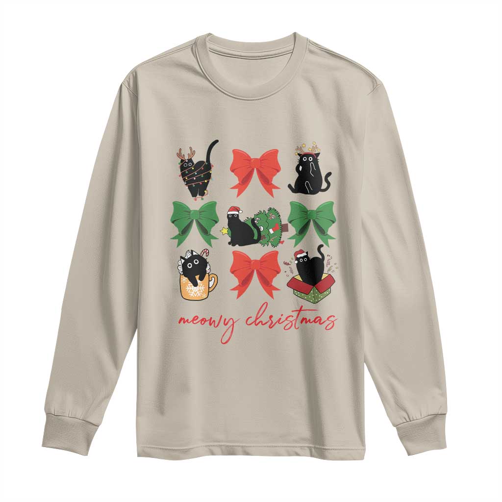 Funny Christmas Black Cat Long Sleeve Shirt Meowy Christmas Cute Cats Coquette Bow TS09 Sand Print Your Wear
