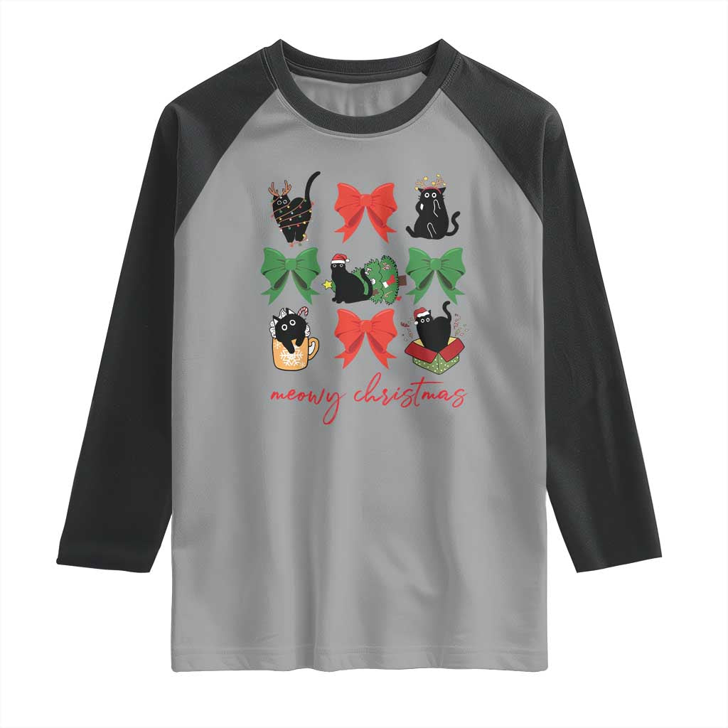 Funny Christmas Black Cat Raglan Shirt Meowy Christmas Cute Cats Coquette Bow TS09 Sport Gray Black Print Your Wear
