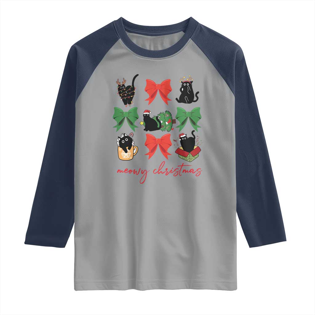 Funny Christmas Black Cat Raglan Shirt Meowy Christmas Cute Cats Coquette Bow TS09 Sport Gray Navy Print Your Wear