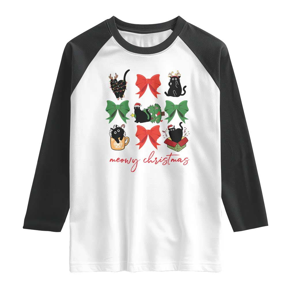 Funny Christmas Black Cat Raglan Shirt Meowy Christmas Cute Cats Coquette Bow TS09 White Black Print Your Wear