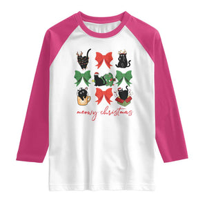 Funny Christmas Black Cat Raglan Shirt Meowy Christmas Cute Cats Coquette Bow TS09 White Heliconia Print Your Wear
