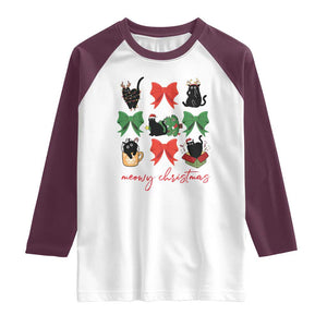 Funny Christmas Black Cat Raglan Shirt Meowy Christmas Cute Cats Coquette Bow TS09 White Maroon Print Your Wear