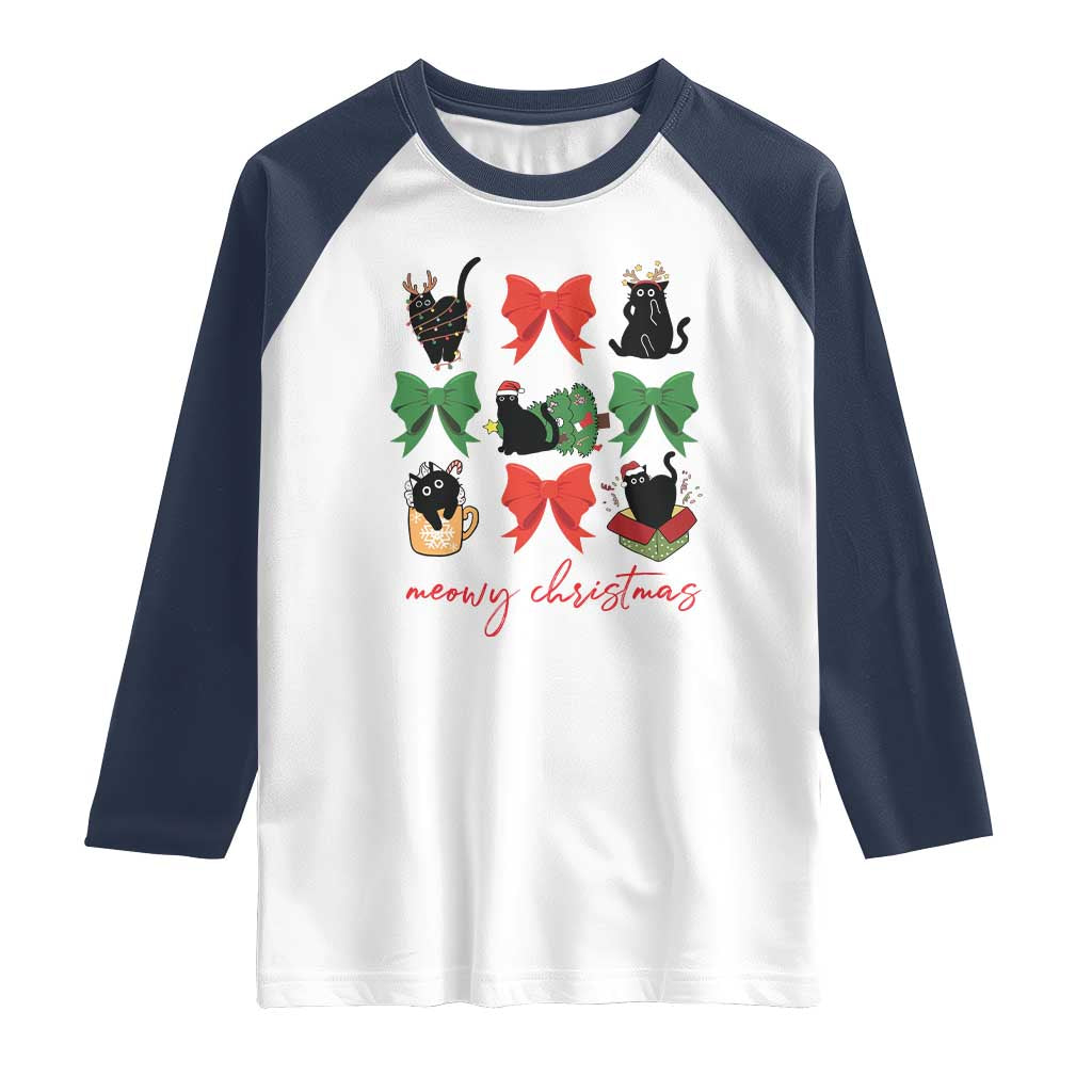 Funny Christmas Black Cat Raglan Shirt Meowy Christmas Cute Cats Coquette Bow TS09 White Navy Print Your Wear