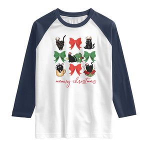 Funny Christmas Black Cat Raglan Shirt Meowy Christmas Cute Cats Coquette Bow TS09 White Navy Print Your Wear