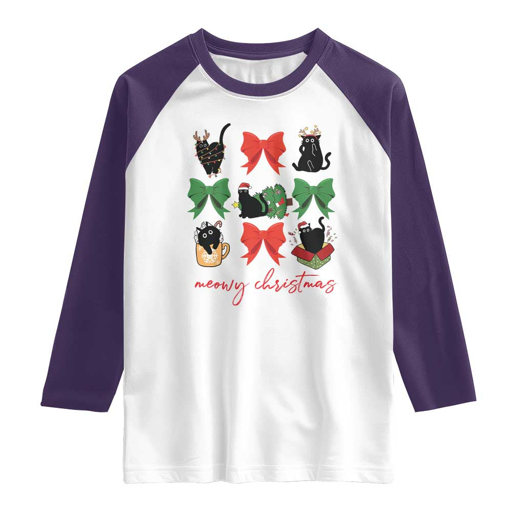 Funny Christmas Black Cat Raglan Shirt Meowy Christmas Cute Cats Coquette Bow TS09 White Purple Print Your Wear