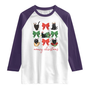 Funny Christmas Black Cat Raglan Shirt Meowy Christmas Cute Cats Coquette Bow TS09 White Purple Print Your Wear