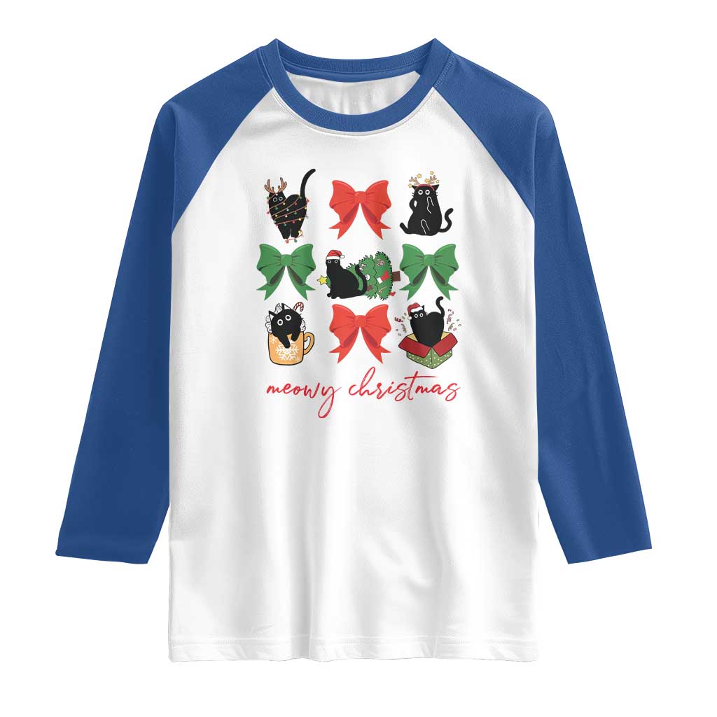 Funny Christmas Black Cat Raglan Shirt Meowy Christmas Cute Cats Coquette Bow TS09 White Royal Print Your Wear