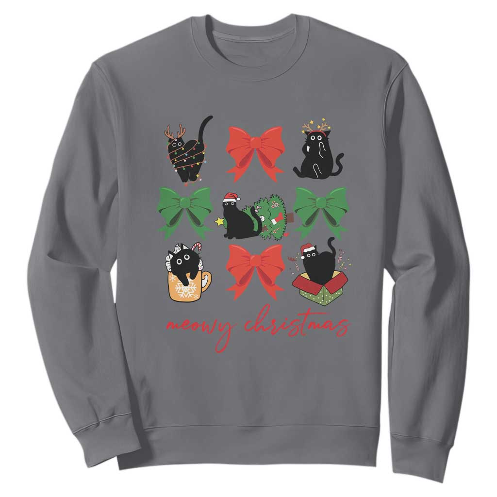 Funny Christmas Black Cat Sweatshirt Meowy Christmas Cute Cats Coquette Bow TS09 Charcoal Print Your Wear