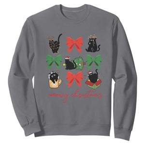 Funny Christmas Black Cat Sweatshirt Meowy Christmas Cute Cats Coquette Bow TS09 Charcoal Print Your Wear
