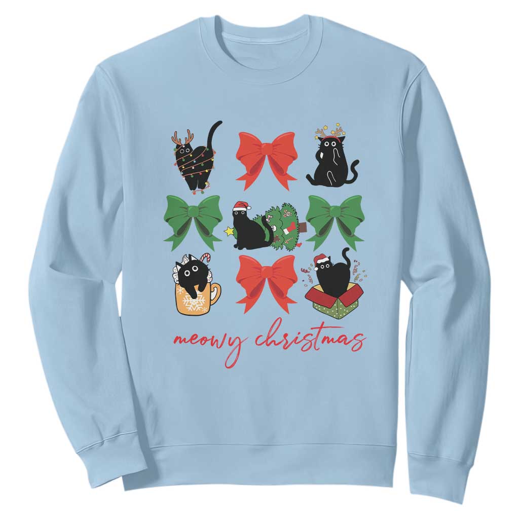 Funny Christmas Black Cat Sweatshirt Meowy Christmas Cute Cats Coquette Bow TS09 Light Blue Print Your Wear