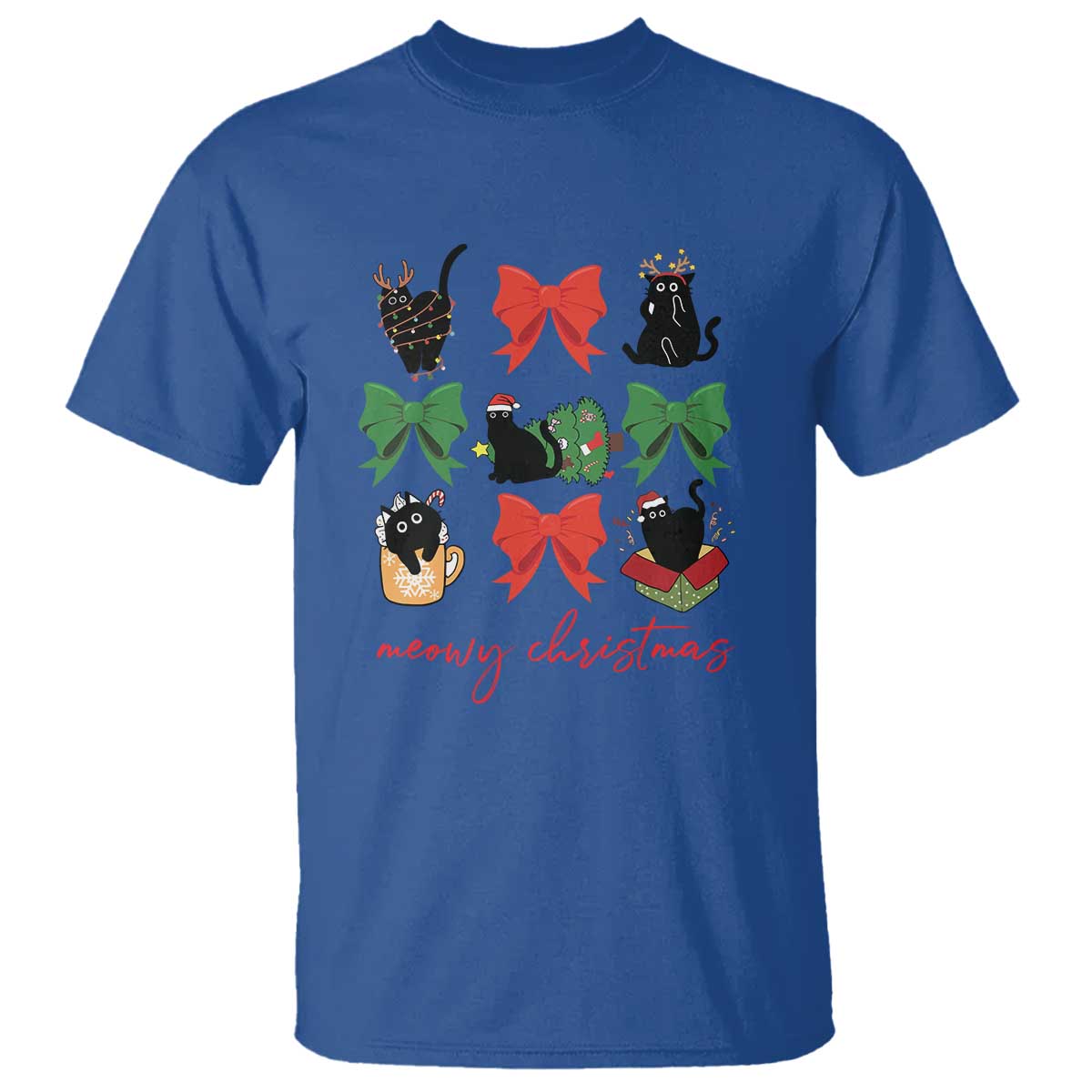 Funny Christmas Black Cat T Shirt Meowy Christmas Cute Cats Coquette Bow TS09 Royal Blue Print Your Wear