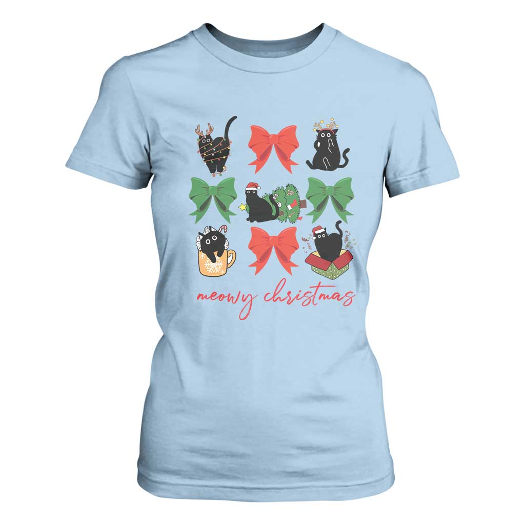 Funny Christmas Black Cat T Shirt For Women Meowy Christmas Cute Cats Coquette Bow TS09 Light Blue Print Your Wear