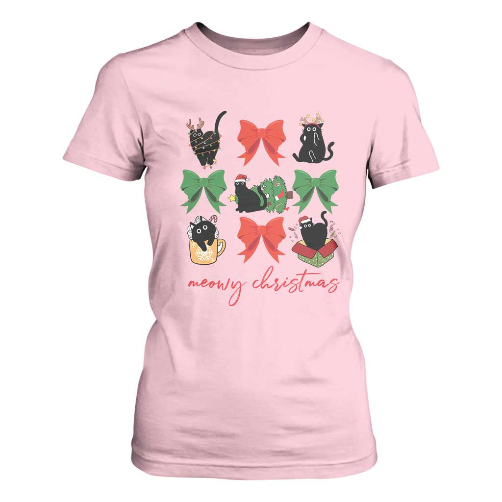 Funny Christmas Black Cat T Shirt For Women Meowy Christmas Cute Cats Coquette Bow TS09 Light Pink Print Your Wear