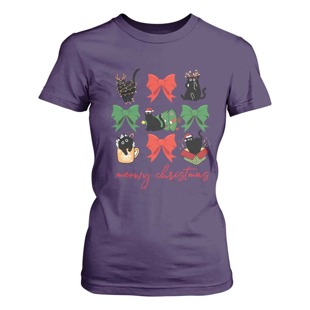 Funny Christmas Black Cat T Shirt For Women Meowy Christmas Cute Cats Coquette Bow TS09 Purple Print Your Wear