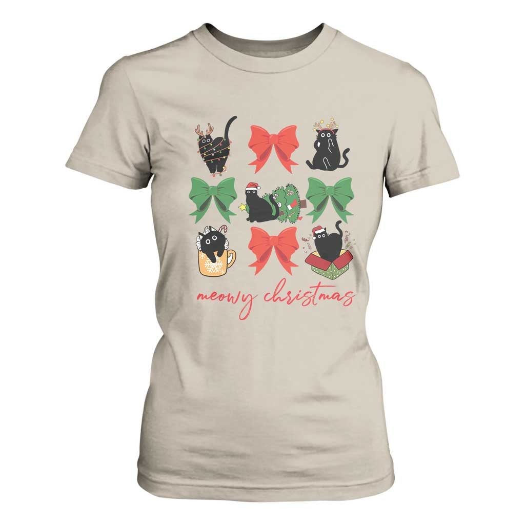 Funny Christmas Black Cat T Shirt For Women Meowy Christmas Cute Cats Coquette Bow TS09 Sand Print Your Wear