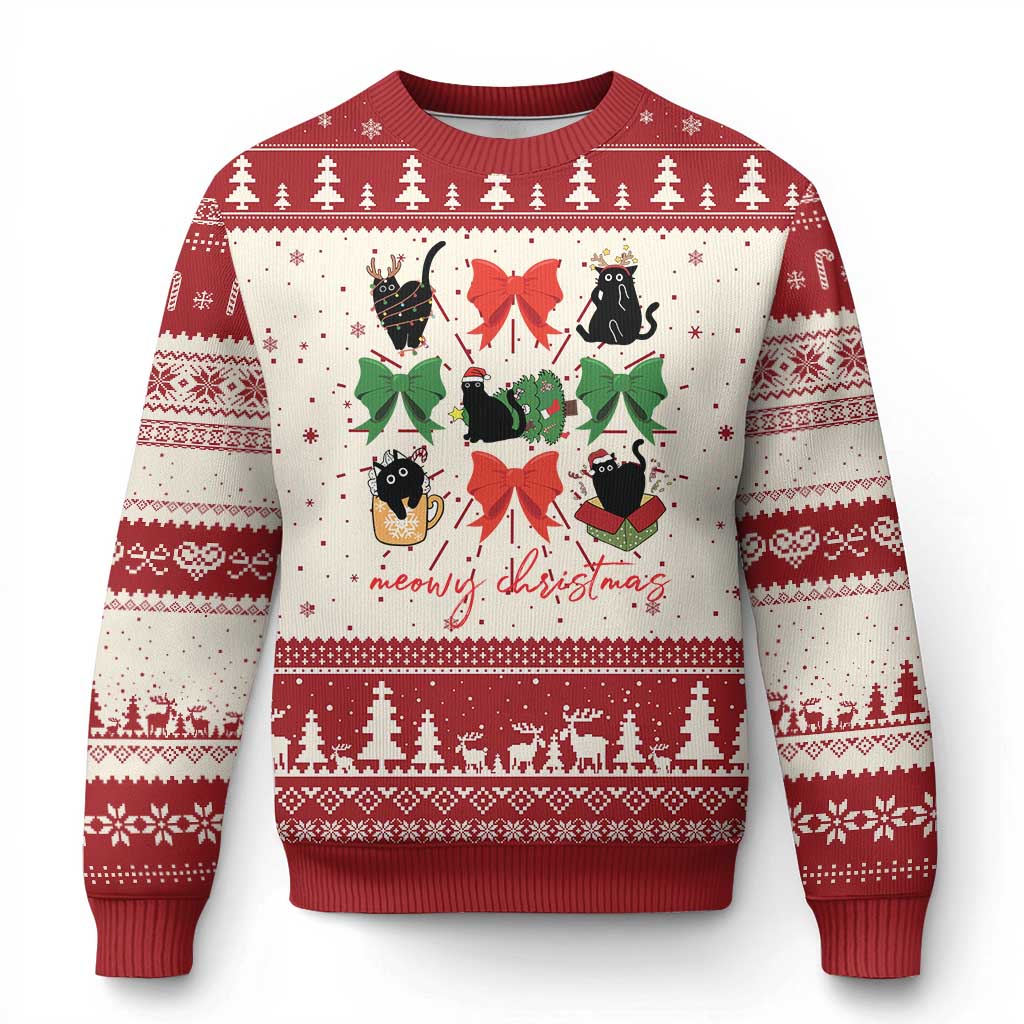 Funny Xmas Black Cat Ugly Christmas Sweater Meowy Christmas Cute Cats Coquette Bow TS09 Red Print Your Wear