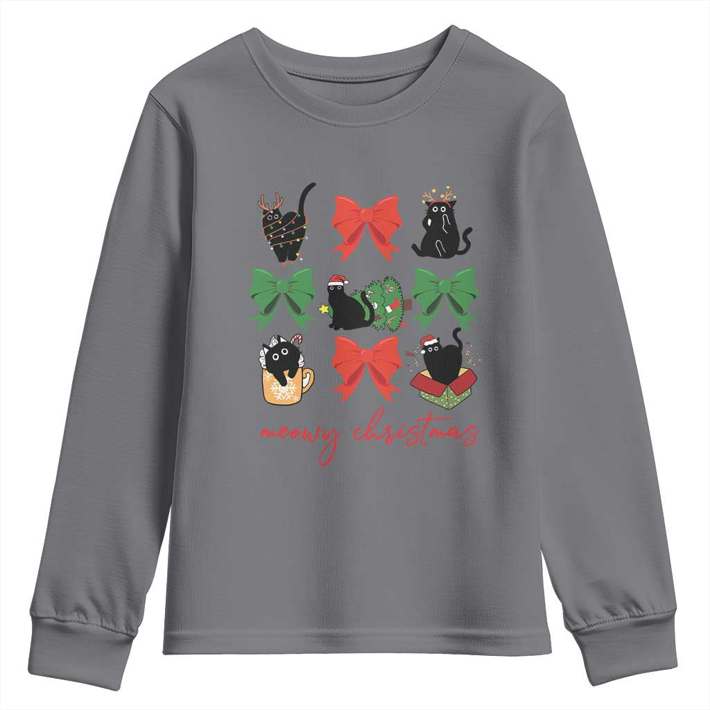 Funny Christmas Black Cat Youth Sweatshirt Meowy Christmas Cute Cats Coquette Bow TS09 Charcoal Print Your Wear