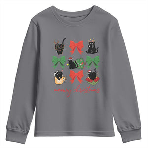 Funny Christmas Black Cat Youth Sweatshirt Meowy Christmas Cute Cats Coquette Bow TS09 Charcoal Print Your Wear
