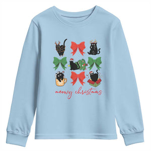 Funny Christmas Black Cat Youth Sweatshirt Meowy Christmas Cute Cats Coquette Bow TS09 Light Blue Print Your Wear