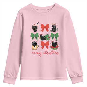 Funny Christmas Black Cat Youth Sweatshirt Meowy Christmas Cute Cats Coquette Bow TS09 Light Pink Print Your Wear