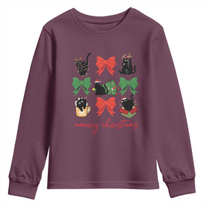 Funny Christmas Black Cat Youth Sweatshirt Meowy Christmas Cute Cats Coquette Bow TS09 Maroon Print Your Wear