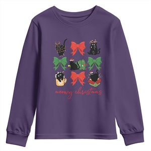 Funny Christmas Black Cat Youth Sweatshirt Meowy Christmas Cute Cats Coquette Bow TS09 Purple Print Your Wear