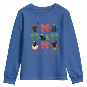 Funny Christmas Black Cat Youth Sweatshirt Meowy Christmas Cute Cats Coquette Bow TS09 Royal Blue Print Your Wear