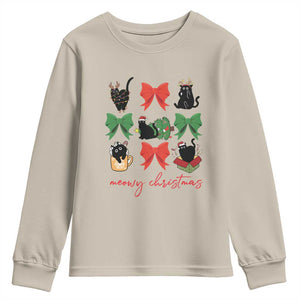 Funny Christmas Black Cat Youth Sweatshirt Meowy Christmas Cute Cats Coquette Bow TS09 Sand Print Your Wear