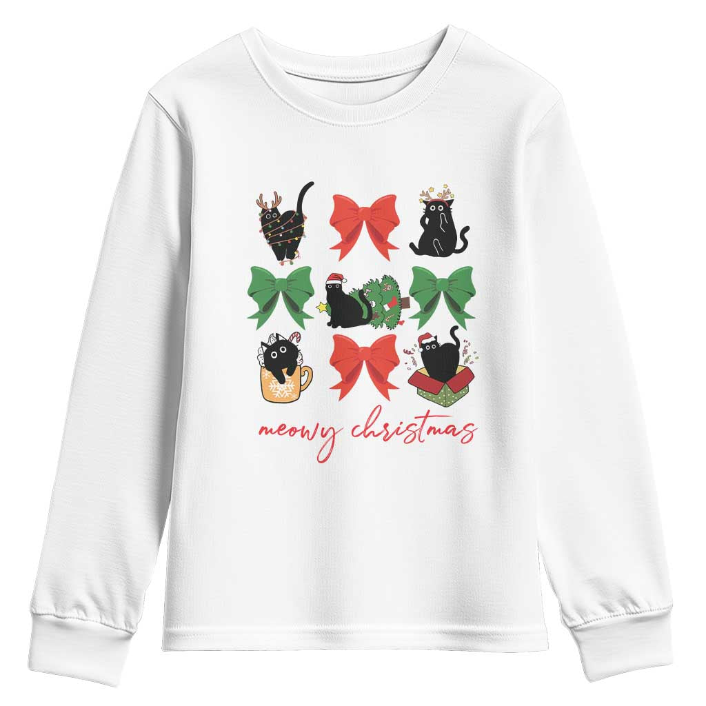 Funny Christmas Black Cat Youth Sweatshirt Meowy Christmas Cute Cats Coquette Bow TS09 White Print Your Wear