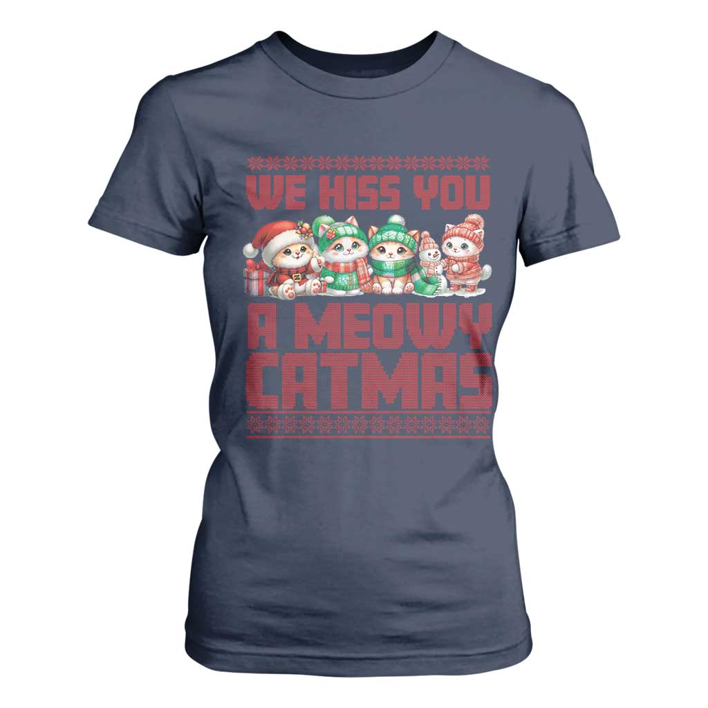 Christmas Cat T Shirt For Women We Hiss You A Meowy Catmas TS09 Navy Print Your Wear