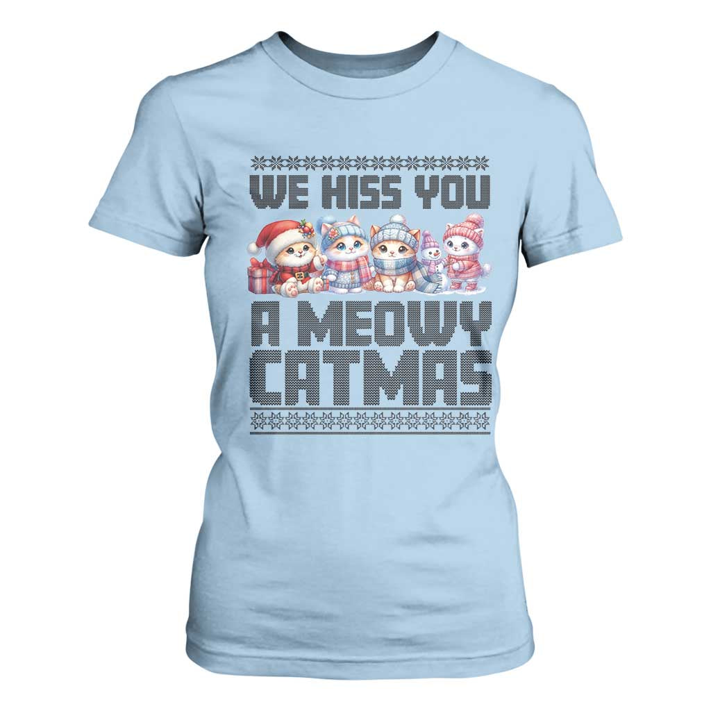 Christmas Cute Cat T Shirt For Women We Hiss You A Meowy Catmas TS09 Light Blue Print Your Wear