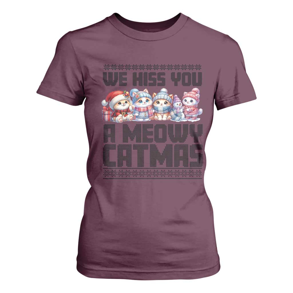 Christmas Cute Cat T Shirt For Women We Hiss You A Meowy Catmas TS09 Maroon Print Your Wear