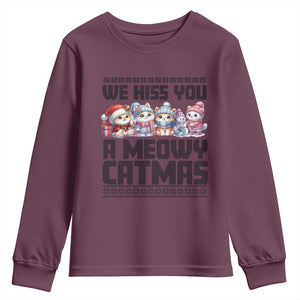 Christmas Cute Cat Youth Sweatshirt We Hiss You A Meowy Catmas TS09 Maroon Print Your Wear
