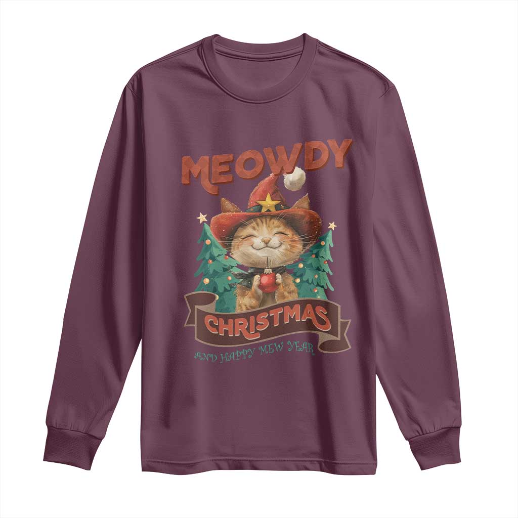 Christmas Cowboy Cat Long Sleeve Shirt Meowdy Christmas And Happy Mew Year TS09 Maroon Print Your Wear