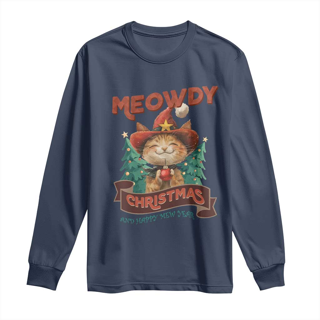 Christmas Cowboy Cat Long Sleeve Shirt Meowdy Christmas And Happy Mew Year TS09 Navy Print Your Wear