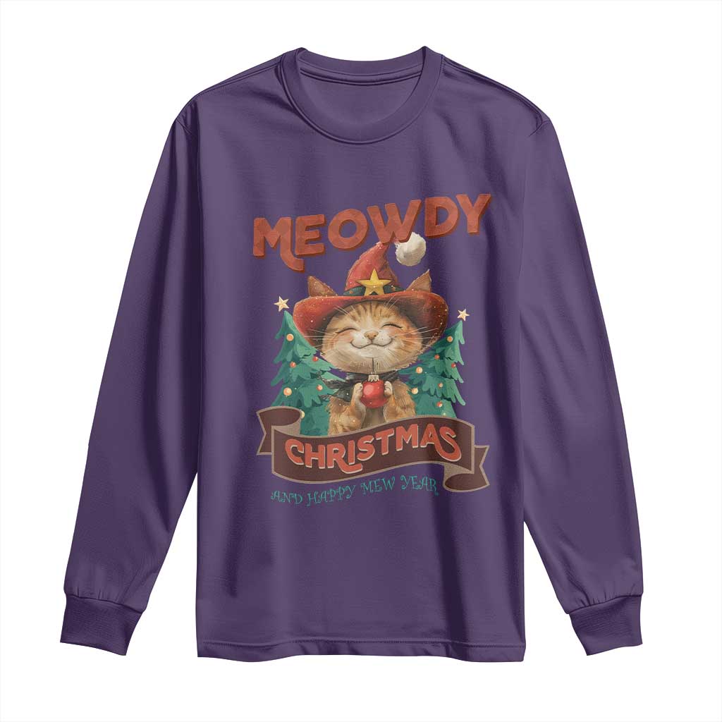 Christmas Cowboy Cat Long Sleeve Shirt Meowdy Christmas And Happy Mew Year TS09 Purple Print Your Wear