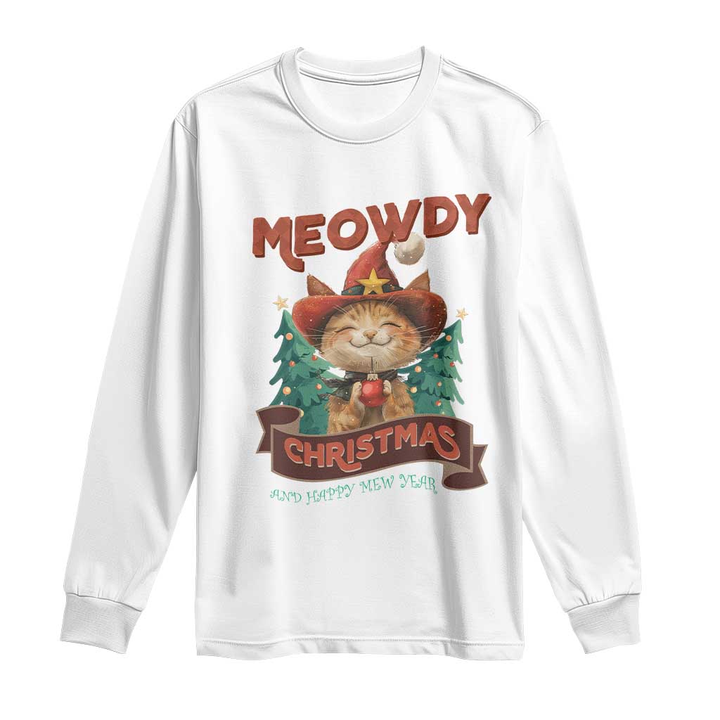 Christmas Cowboy Cat Long Sleeve Shirt Meowdy Christmas And Happy Mew Year TS09 White Print Your Wear