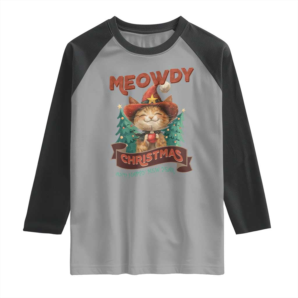 Christmas Cowboy Cat Raglan Shirt Meowdy Christmas And Happy Mew Year TS09 Sport Gray Black Print Your Wear