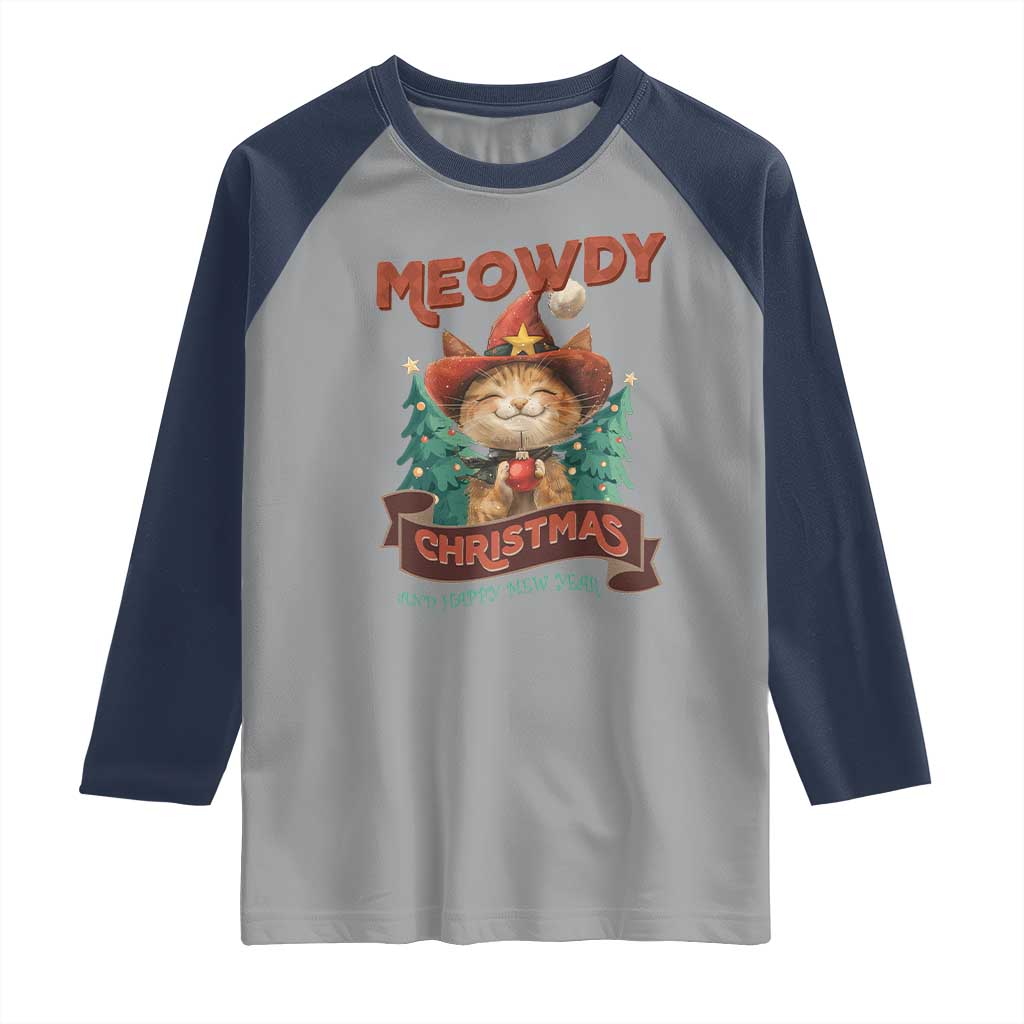 Christmas Cowboy Cat Raglan Shirt Meowdy Christmas And Happy Mew Year TS09 Sport Gray Navy Print Your Wear